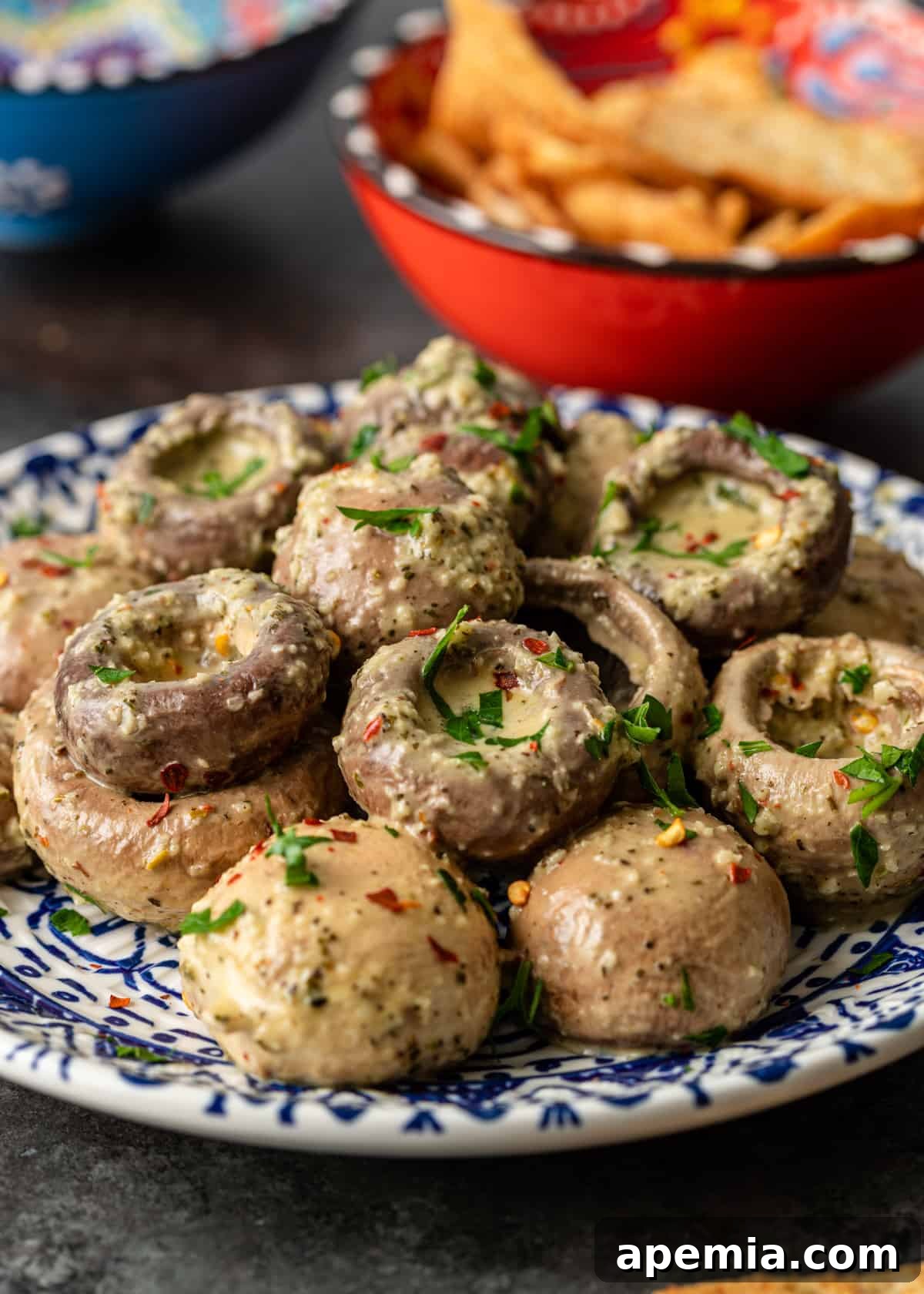 side shot of Marinated Mushrooms on a platter