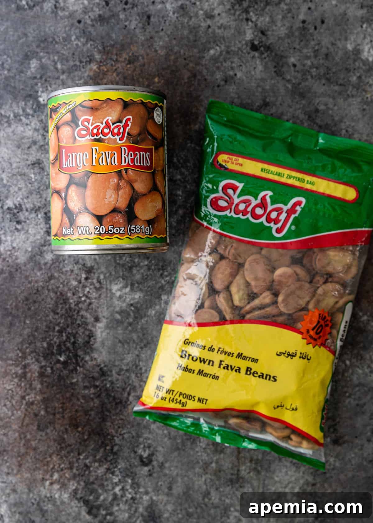 can of fava beans and bag of dried fava beans