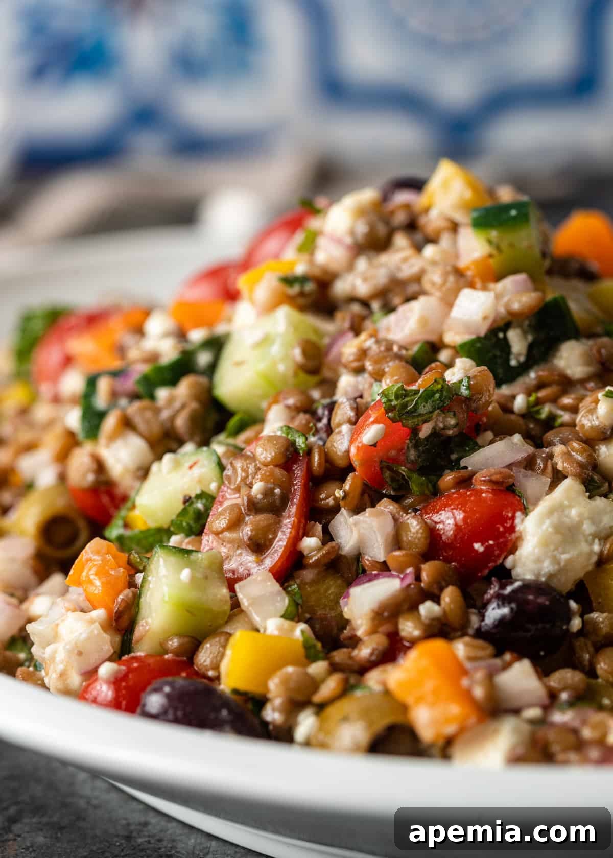 greek lentil salad in bowl