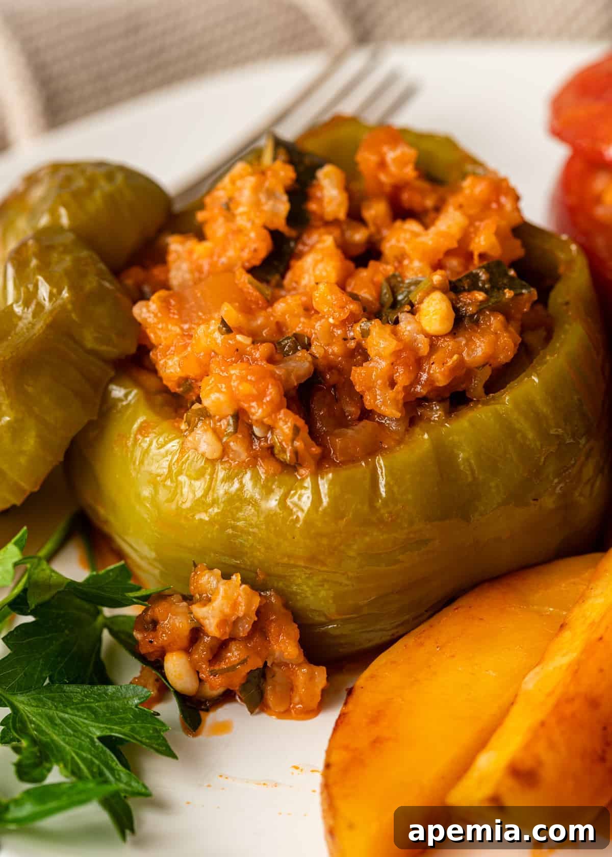 close up of greek stuffed peppers