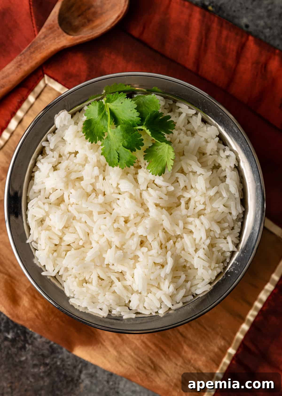 An inviting overhead shot of a bowl filled with fluffy, steaming jasmine rice, garnished subtly, ready to be paired with a main dish.