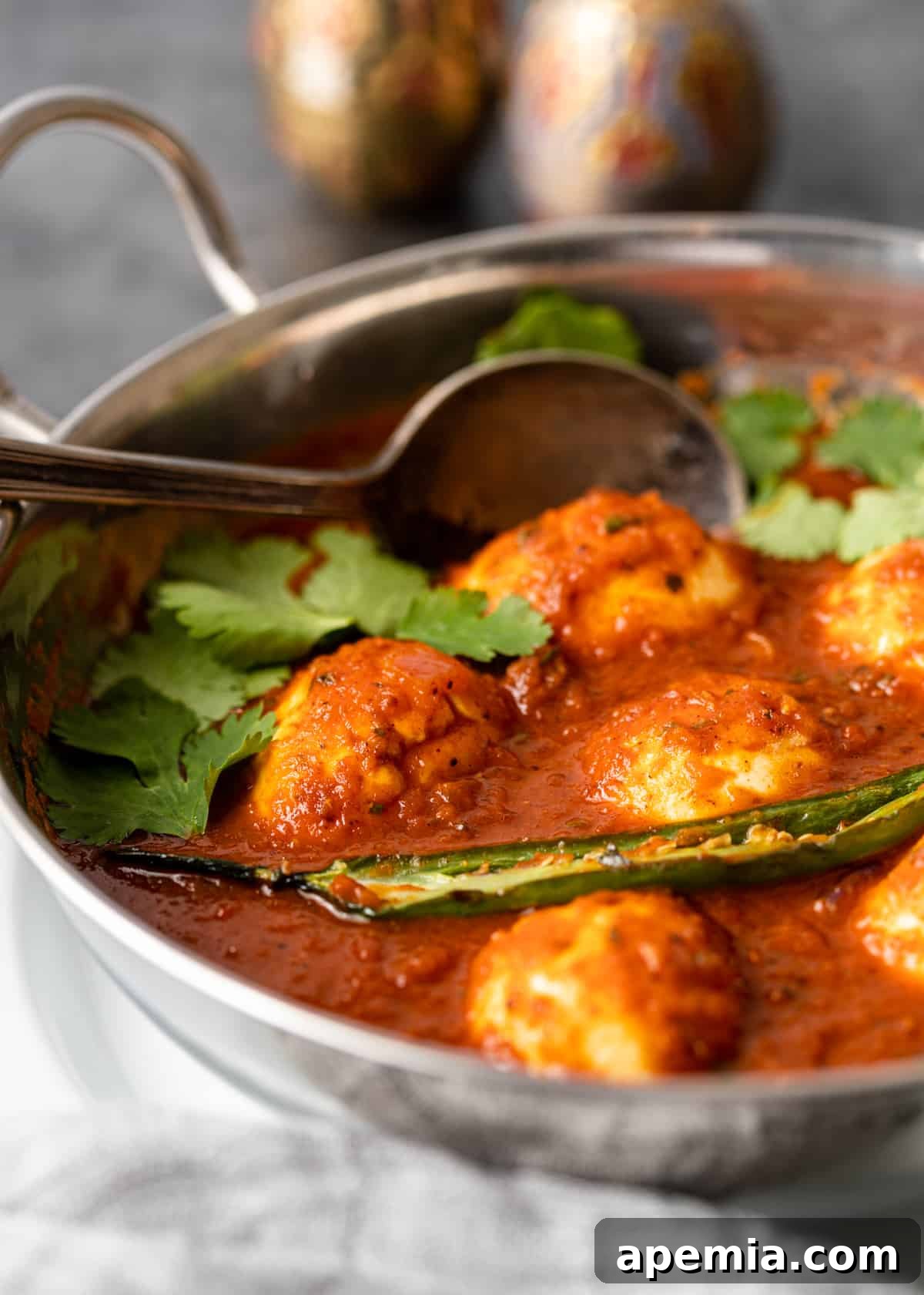 closeup side view: pot of egg curry