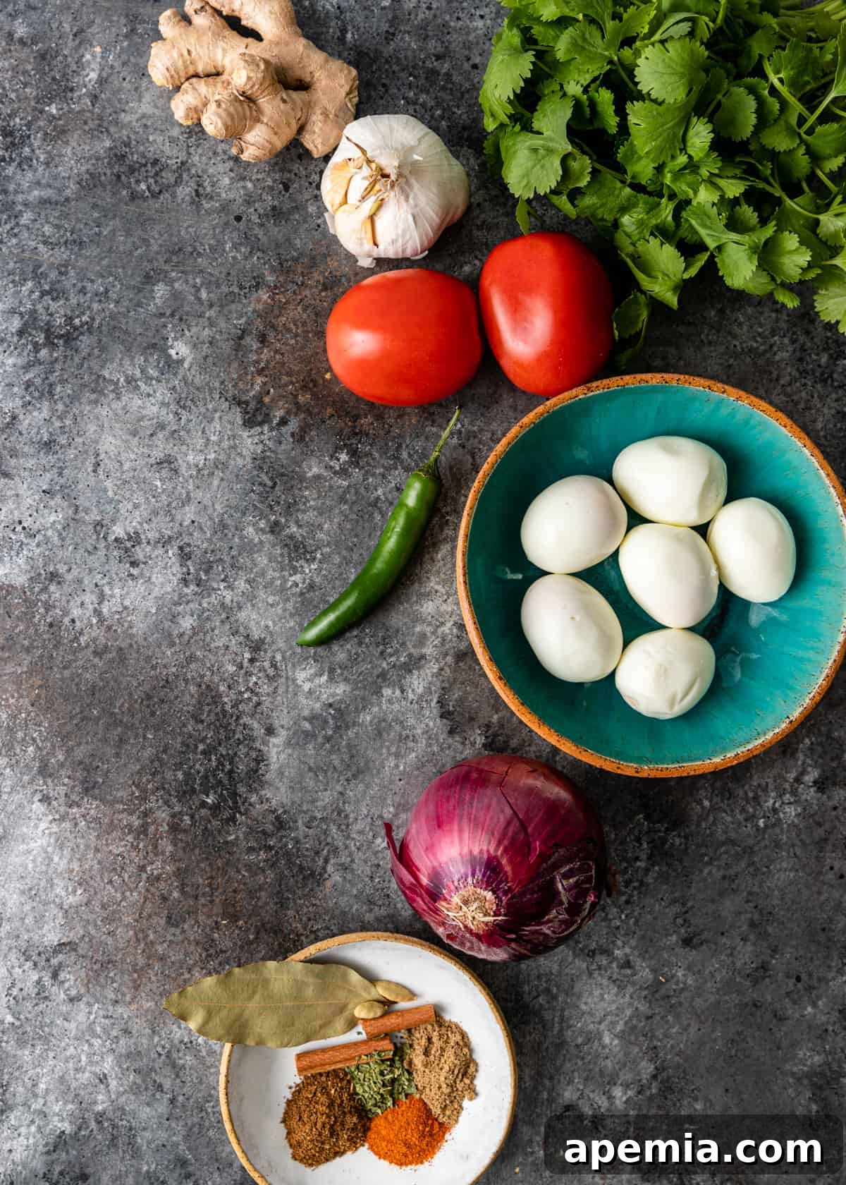overhead: ingredients to make the egg curry recipe