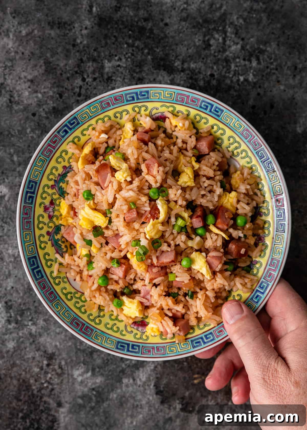 Overhead shot of a hand holding a serving dish of pork fried rice, ready to be enjoyed.