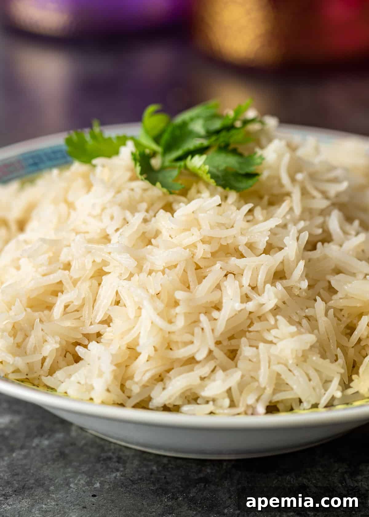 perfectly fluffy white basmati rice in bowl, ready to serve