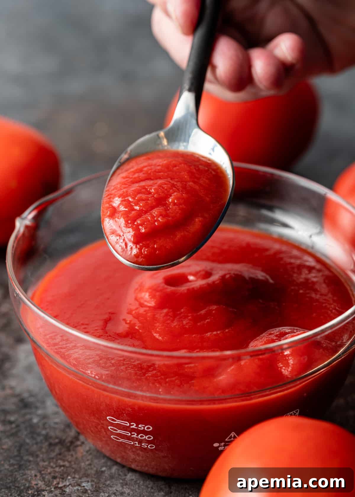 A spoon filled with rich, red passata, showcasing its smooth texture.