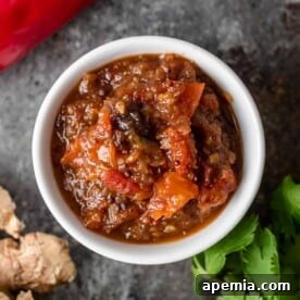 A vibrant close-up of a bowl of sweet and spicy tomato chutney, garnished and ready to serve.