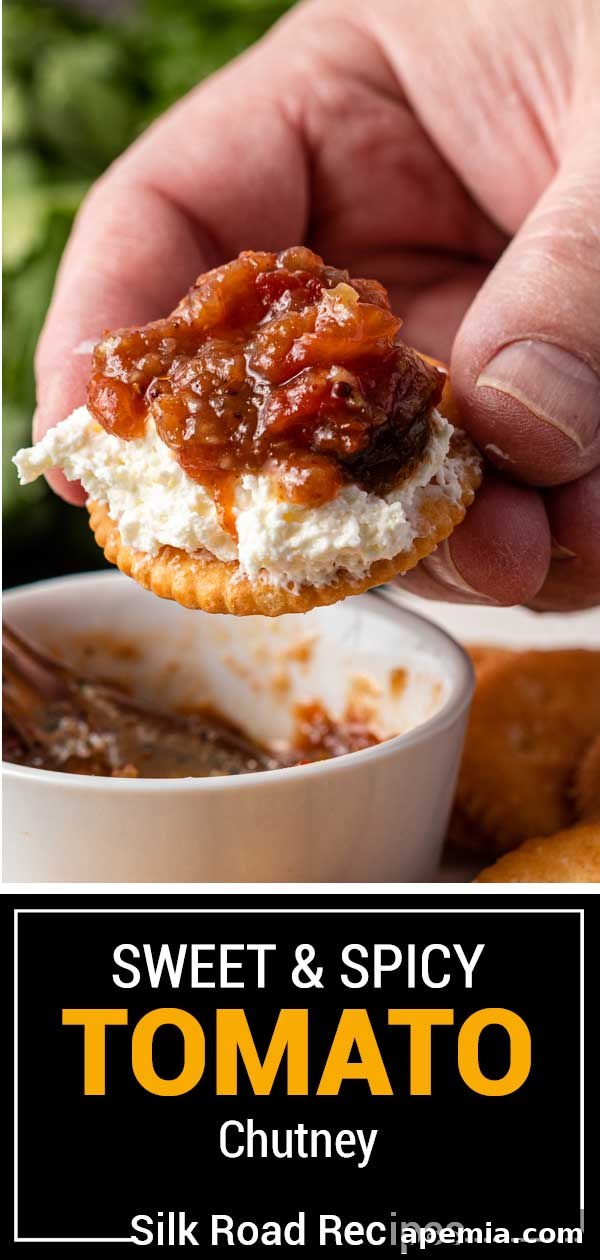 Sweet Heat Tomato Chutney 13 Beautifully plated sweet & spicy tomato chutney, with a clear title overlay, enticing viewers.
