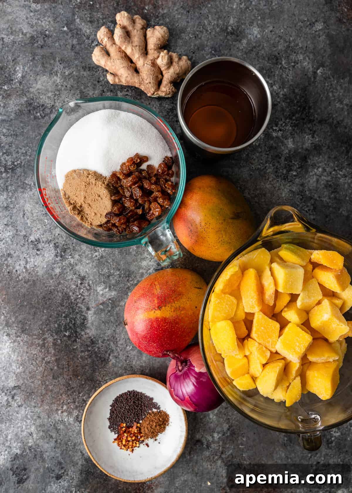 All the vibrant and fresh ingredients meticulously laid out, ready to be transformed into this homemade mango chutney recipe.