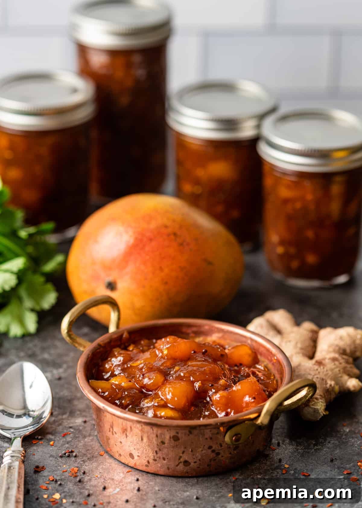 A small, elegant copper bowl showcasing the beautifully textured and spiced mango chutney, ready to be served.