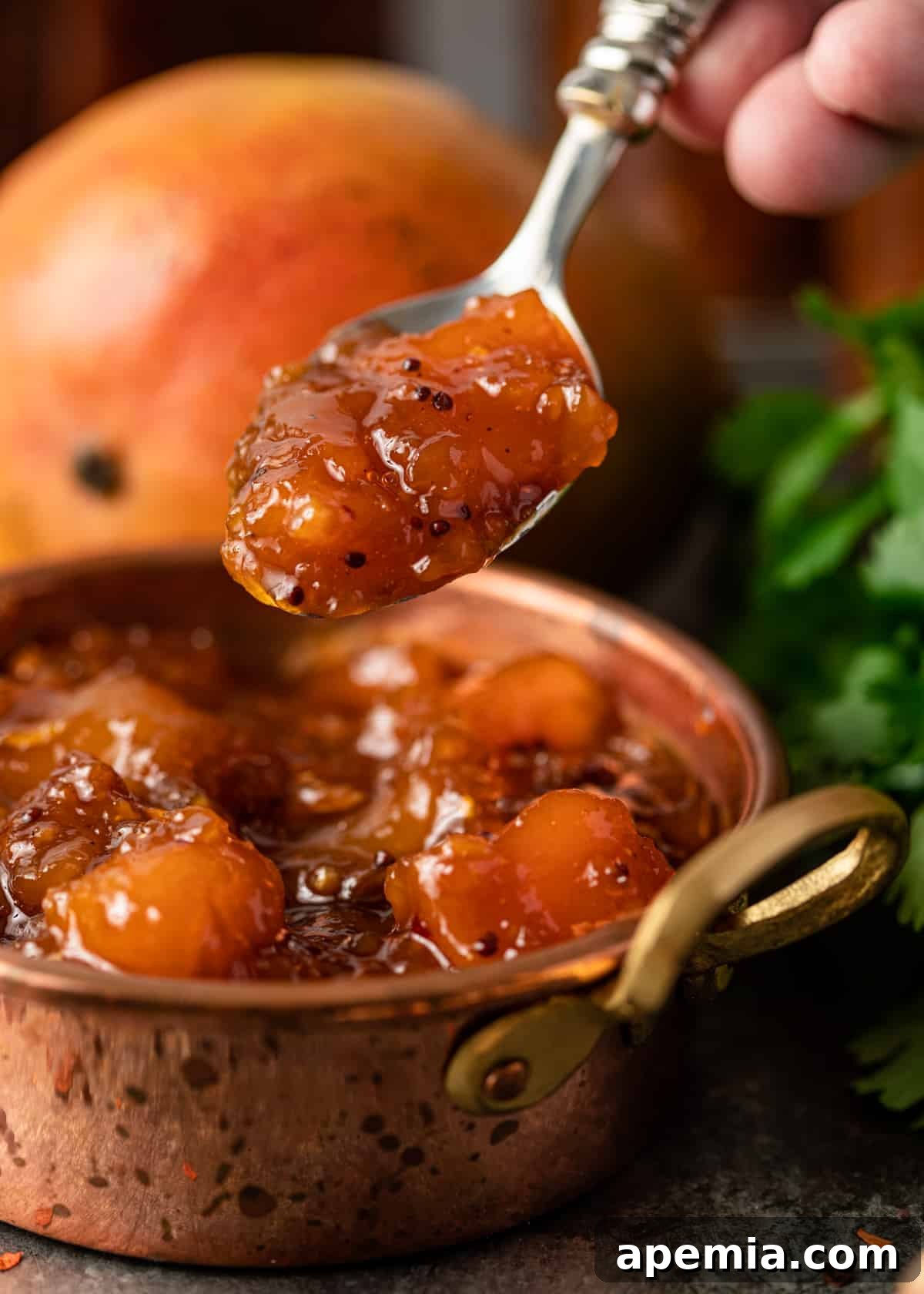 A close-up shot of a spoon generously laden with the thick, textured mango chutney, poised above a copper bowl filled with the same delicious preserve.