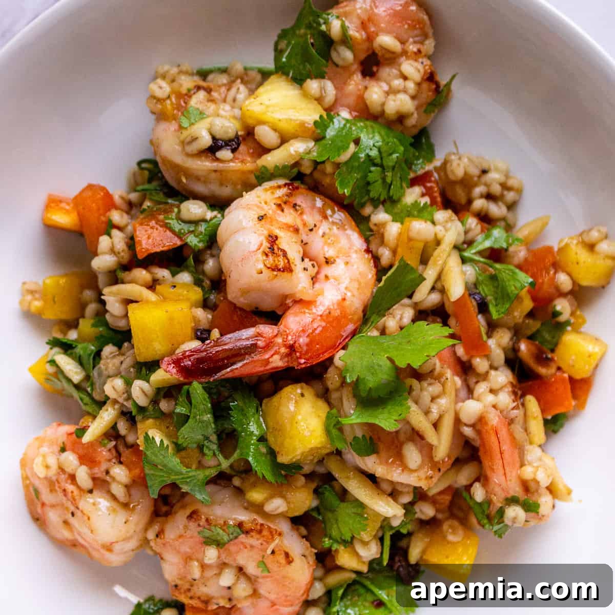 pineapple shrimp and barley salad on plate