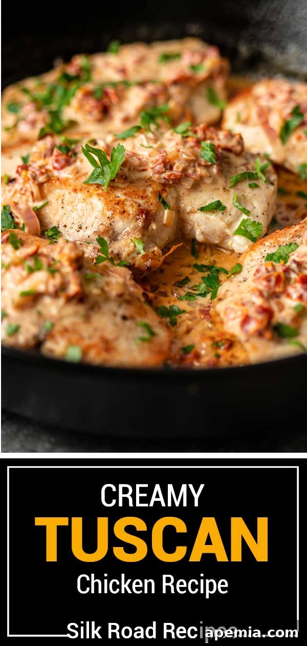 Overhead shot of Creamy Tuscan Chicken served with pasta