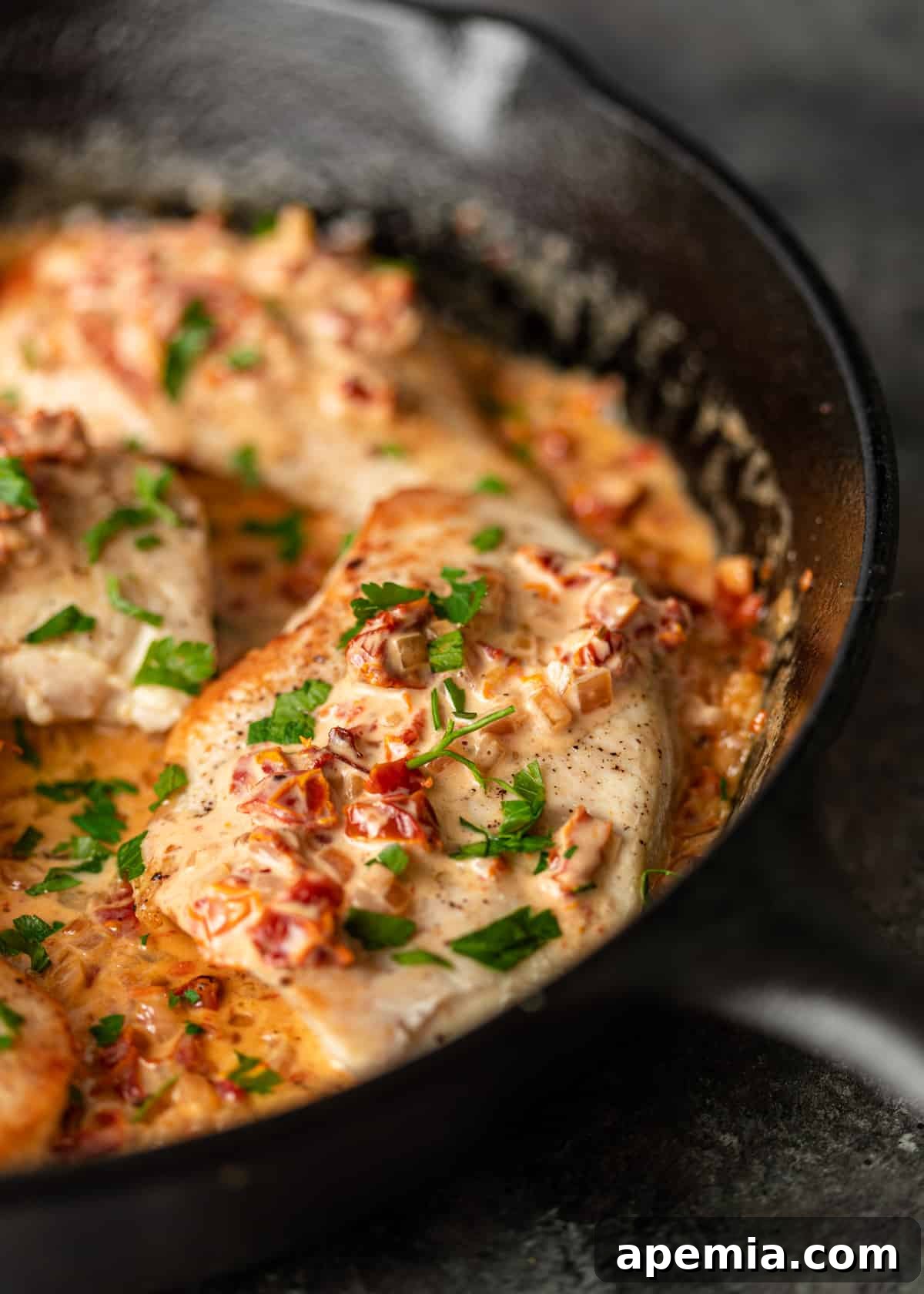 Skillet with Creamy Tuscan Chicken, ready to serve