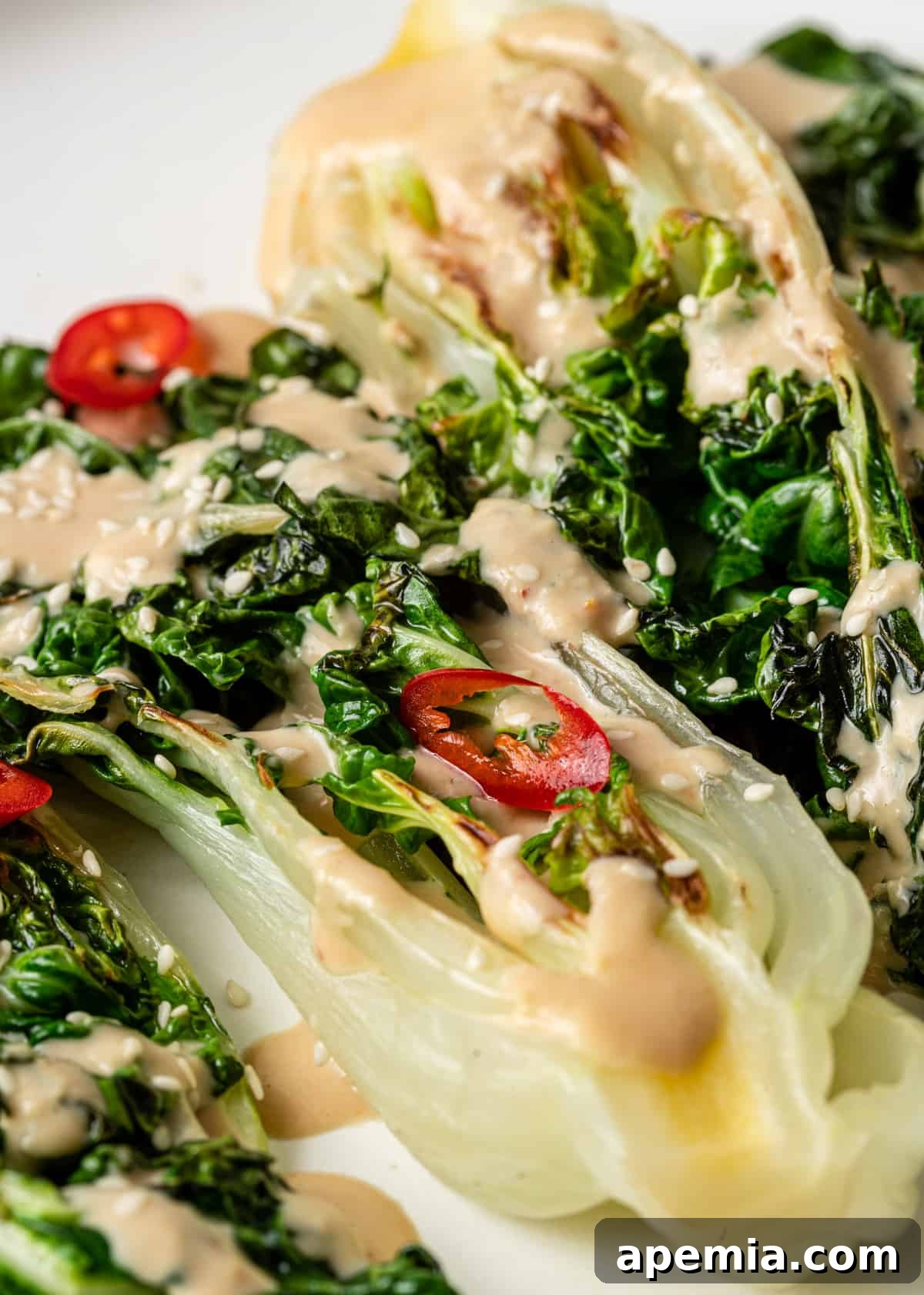 A fresh green salad with scattered small red peppers, elegantly topped with a generous drizzle of creamy Miso Tahini Dressing, presented on a rustic white plate.