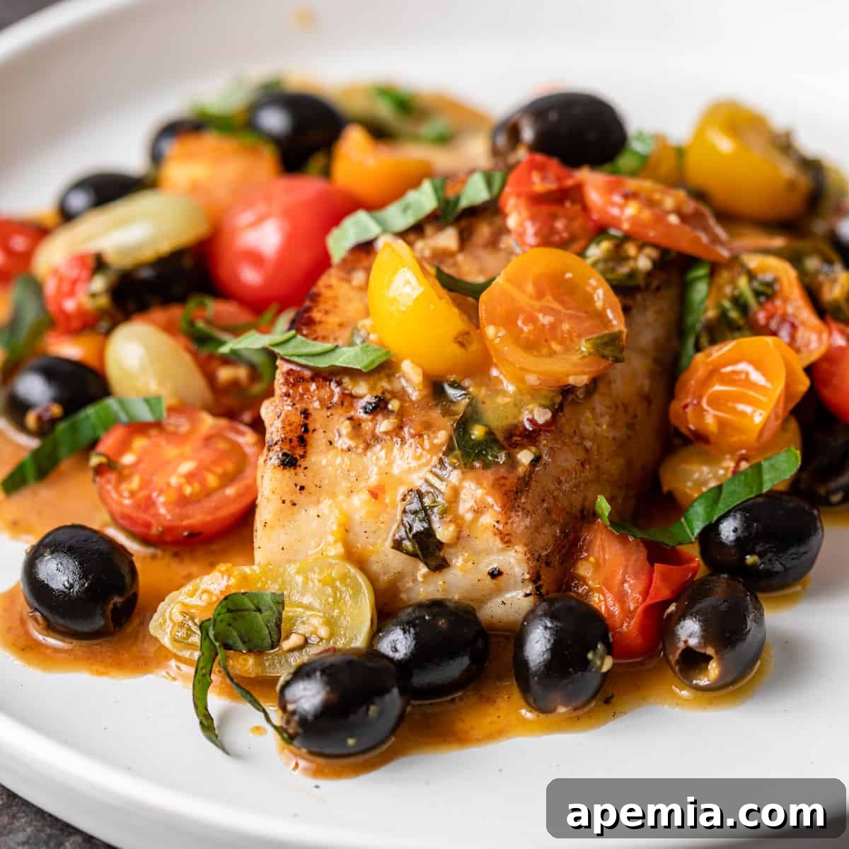 Closeup of Mediterranean pan-seared cod on a white plate, garnished with fresh tomatoes, olives, and herbs.