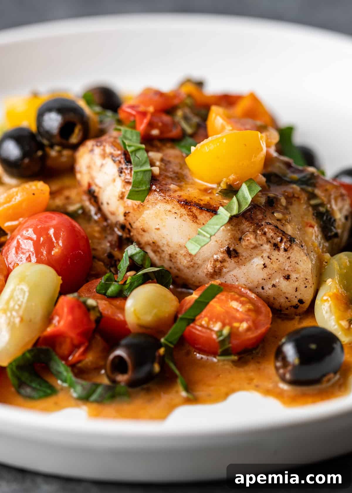 Overhead view of pan-seared cod served on a white plate with a generous portion of Mediterranean tomato and olive sauce.