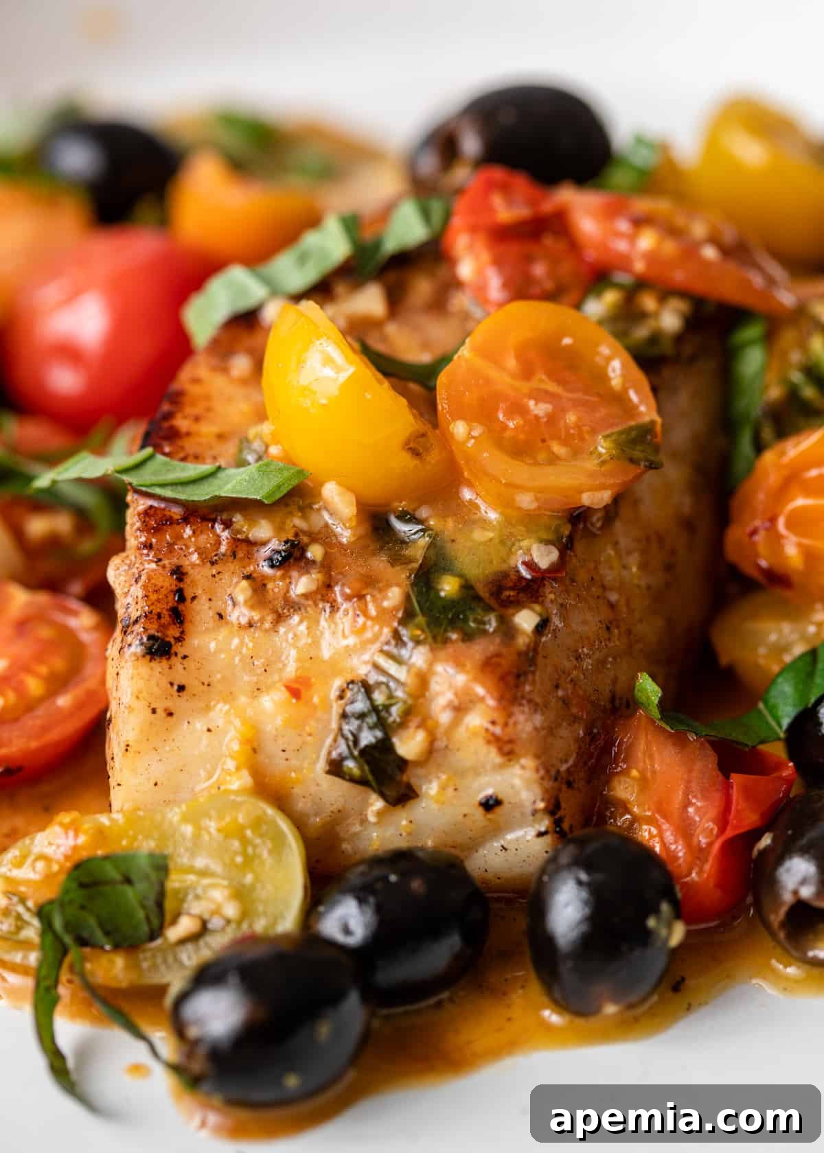 Extreme closeup of perfectly pan-seared cod with a generous topping of fresh tomatoes, olives, and basil.