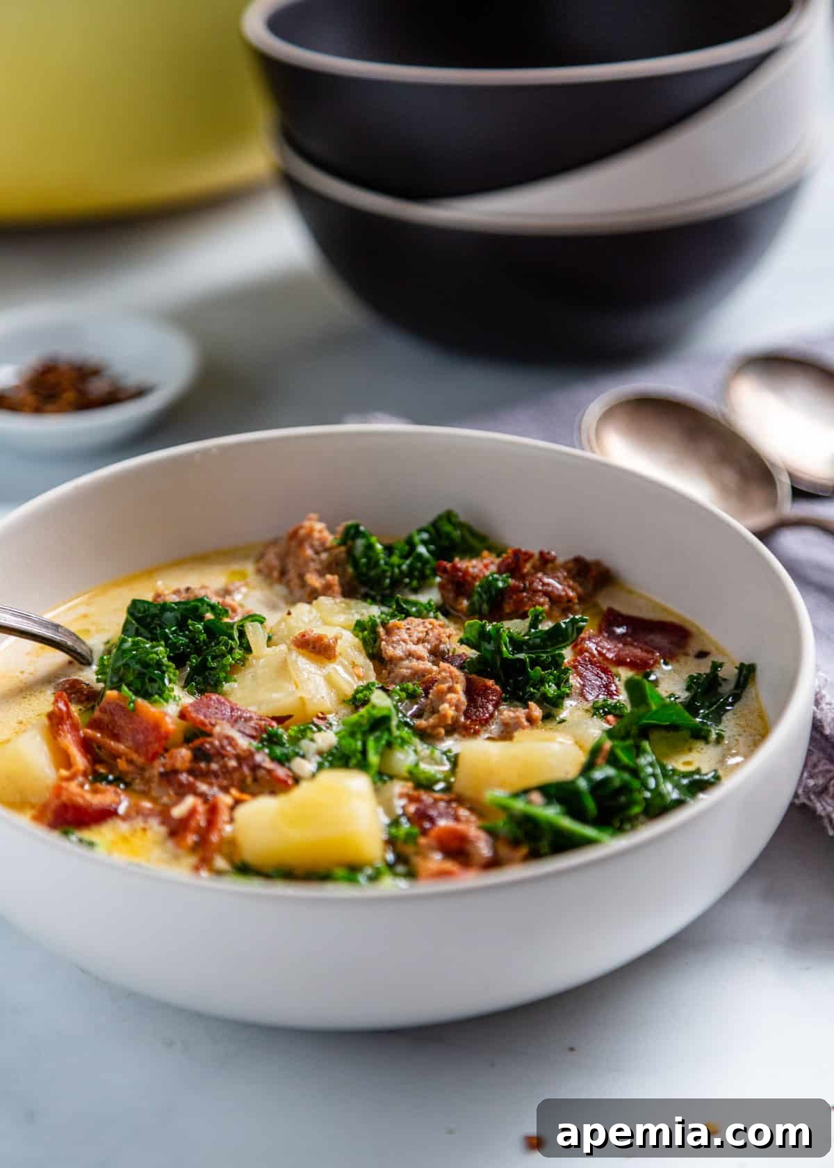 zuppa toscana in a white bowl