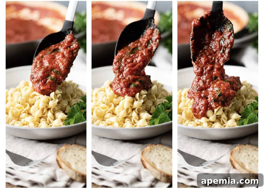 3 images showing a large serving spoon adding marinara on top of shell pasta