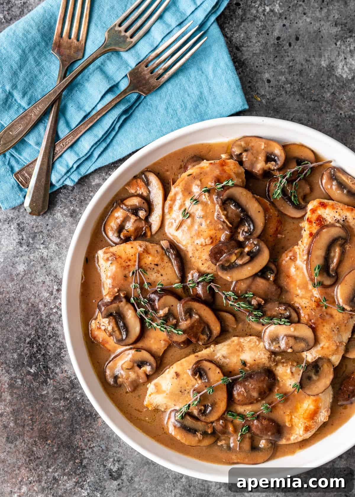 Rich and Creamy Marsala Chicken 7 overhead shot of Chicken Marsala in a white dish