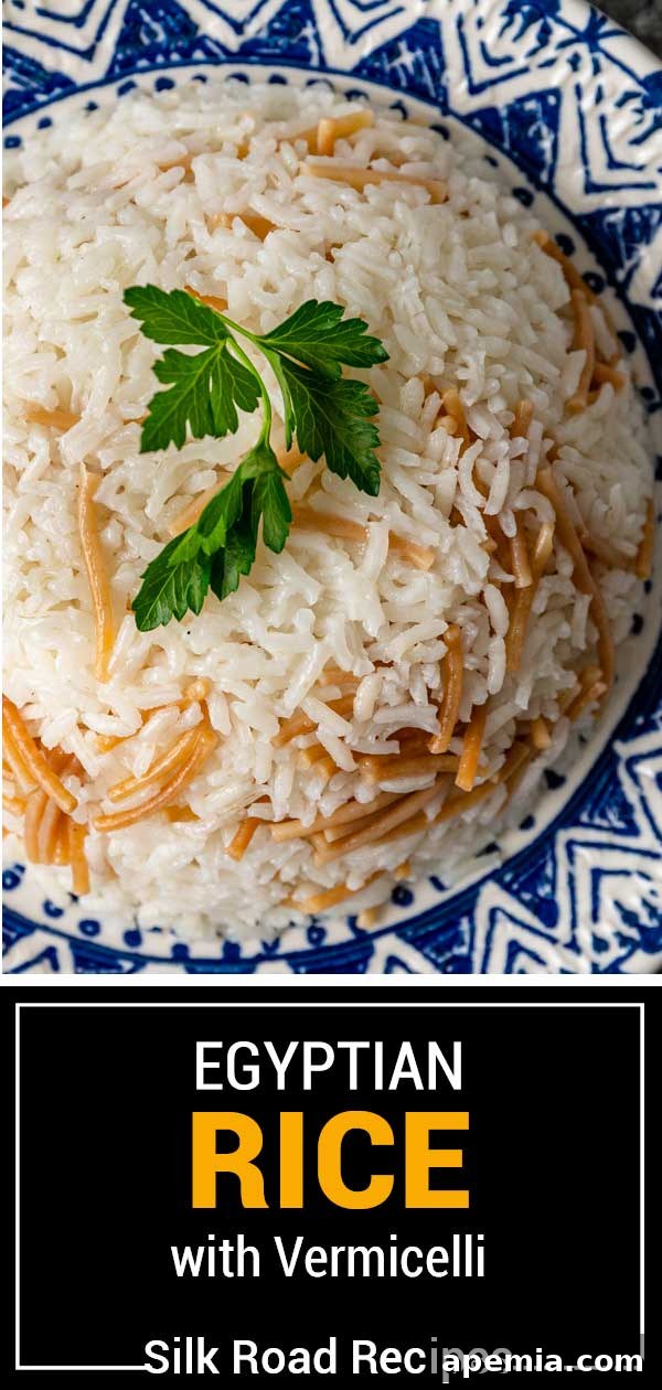 Titled image showing a serving of Egyptian rice with vermicelli, emphasizing its classic appeal.