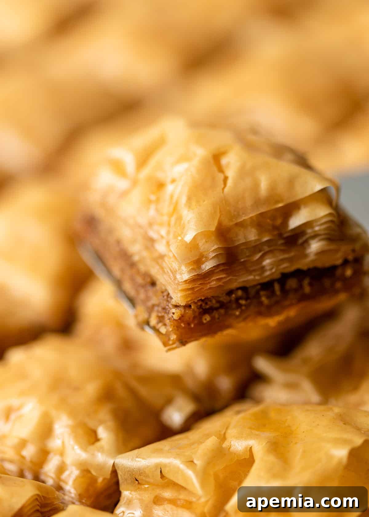 Sweet Greek Baklava Made Simple 13 close up of a slice of Greek baklava being lifted out of a tray of baklava