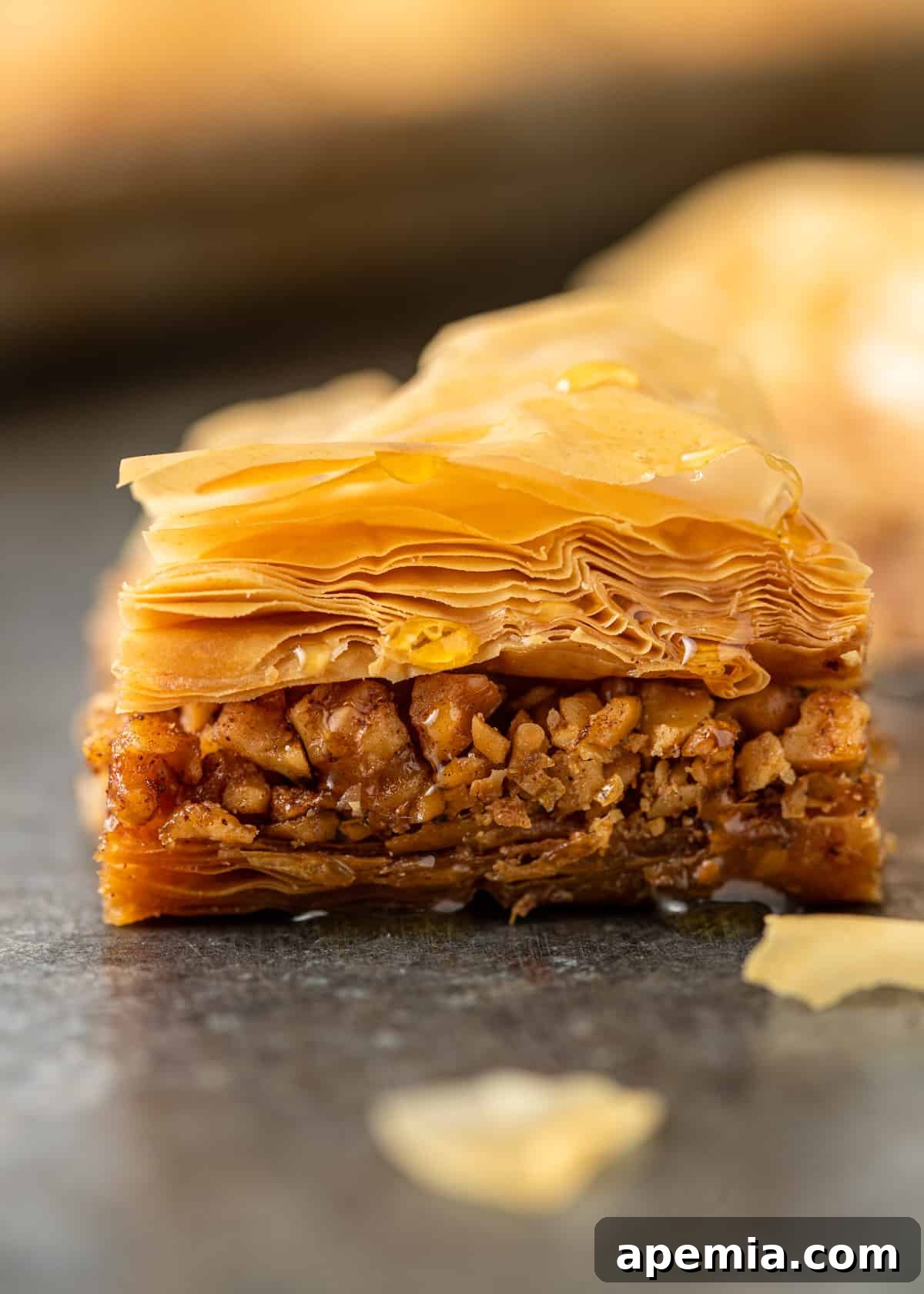 Sweet Greek Baklava Made Simple 14 close up of nutty Greek baklava with layers visible