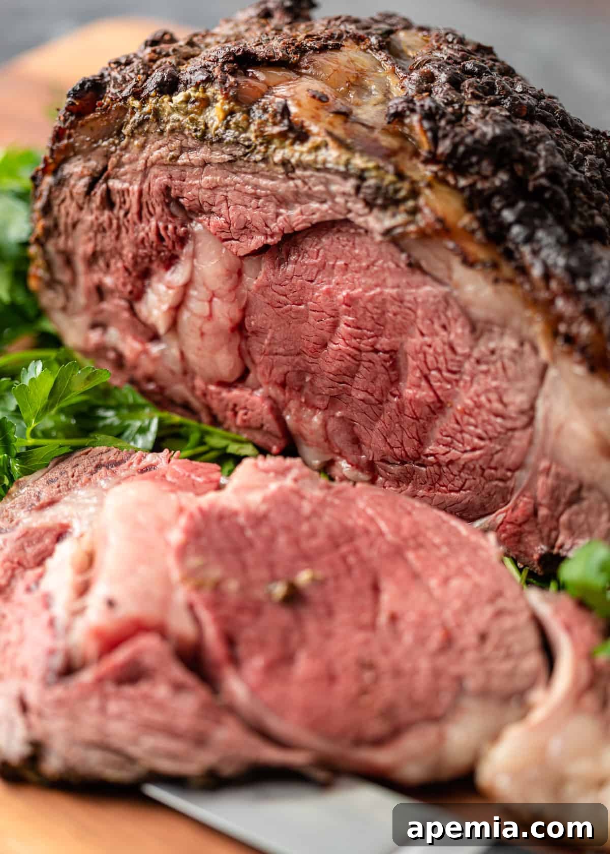 extreme closeup: sliced prime rib with the juicy interior showing