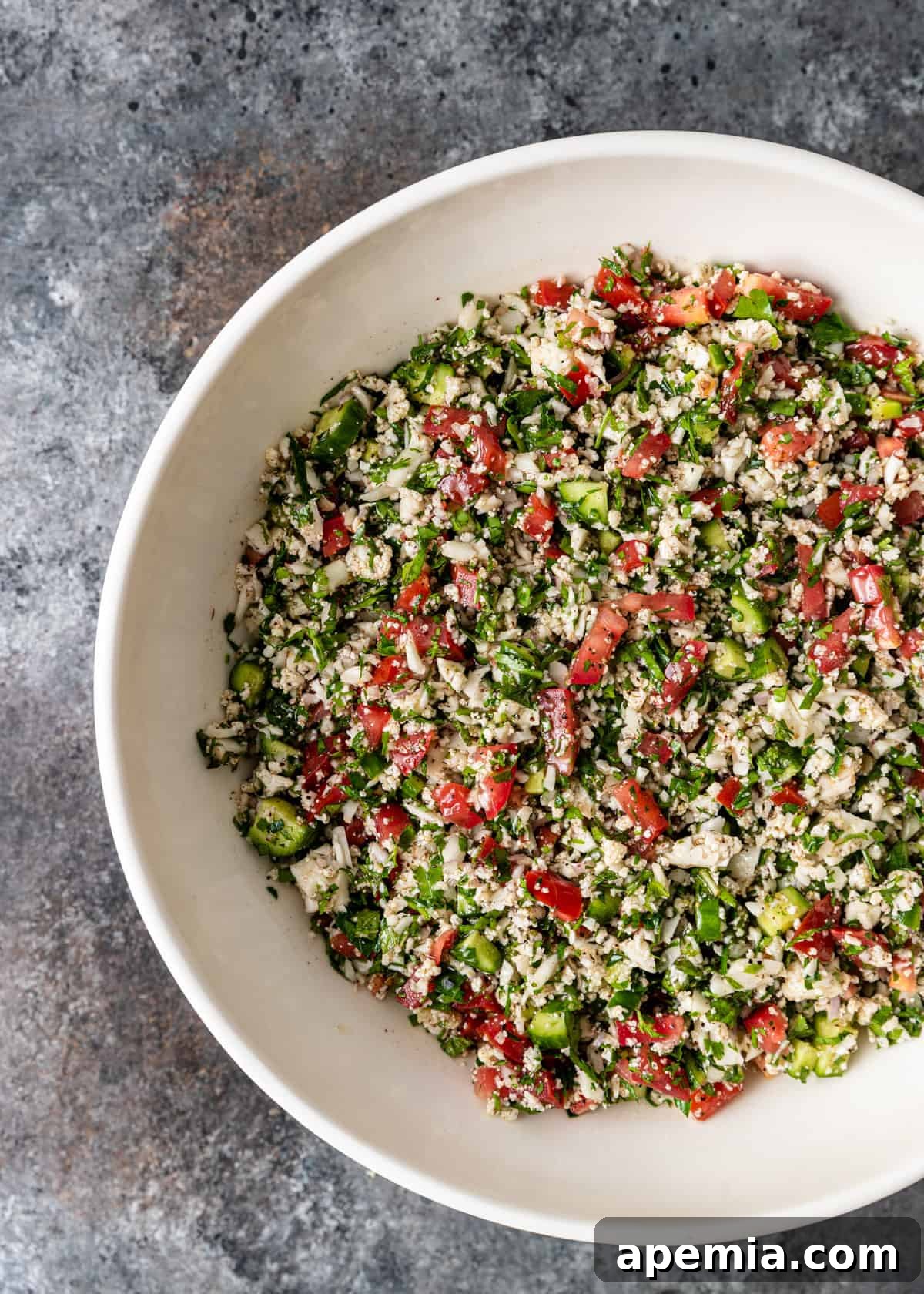 overhead: large bowl of cauliflower tabbouleh