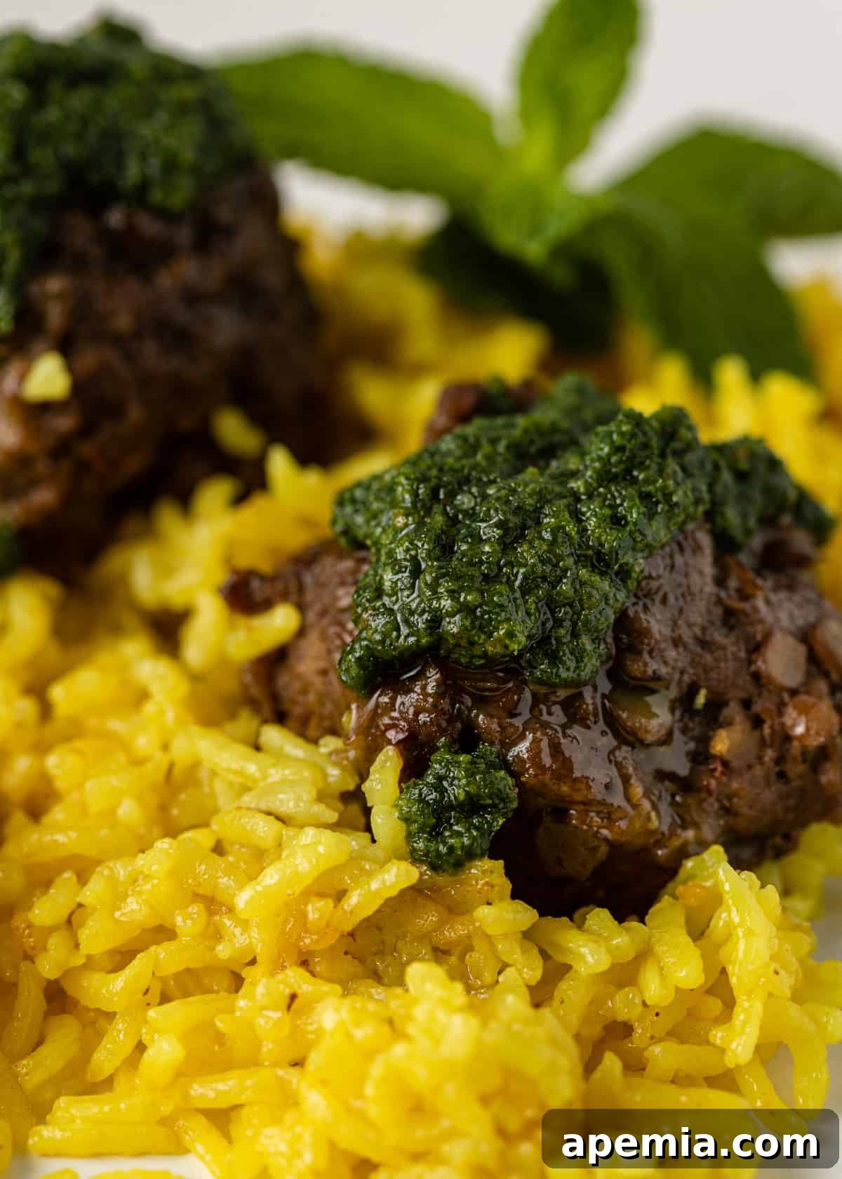 Mediterranean Lamb Lentil Meatballs and Zesty Lemon Rice 12 Extreme close-up of a single lamb meatball with a rich exterior, resting on fluffy lemon rice, adorned with fresh mint pesto, emphasizing the delicious details.