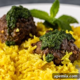Lentil Lamb Meatballs and Lemon Rice with Mint Pesto