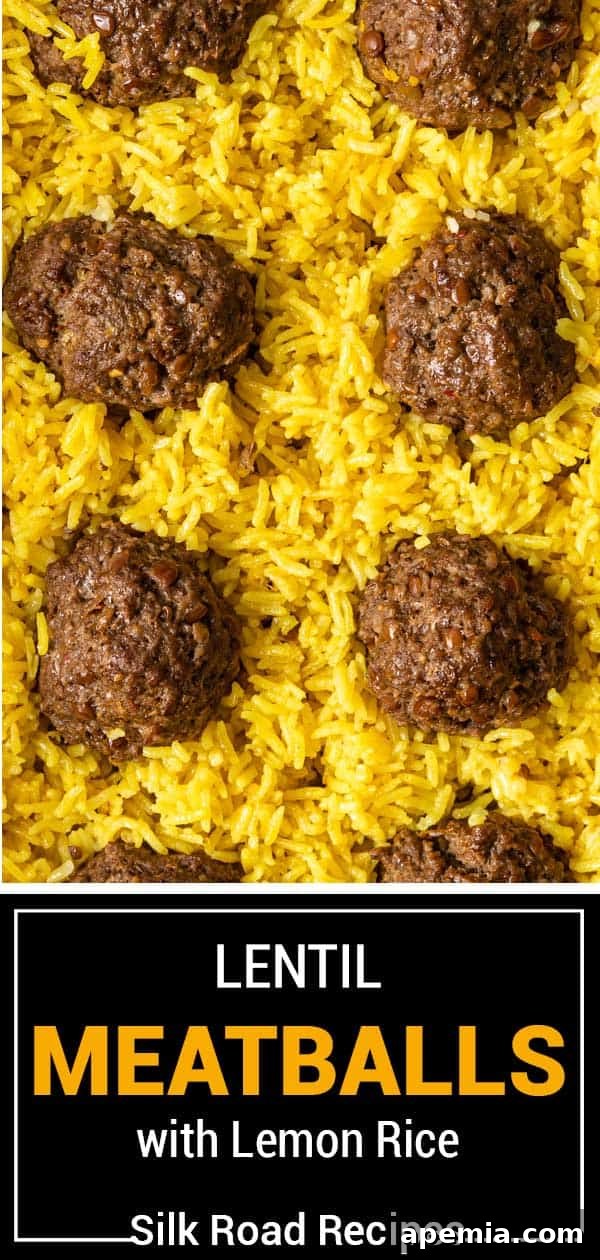 Mediterranean Lamb Lentil Meatballs and Zesty Lemon Rice 14 A large, vibrant image titled 'Lamb Lentil Meatballs with Lemon Rice', showcasing the complete dish on a rectangular platter, ready to serve.