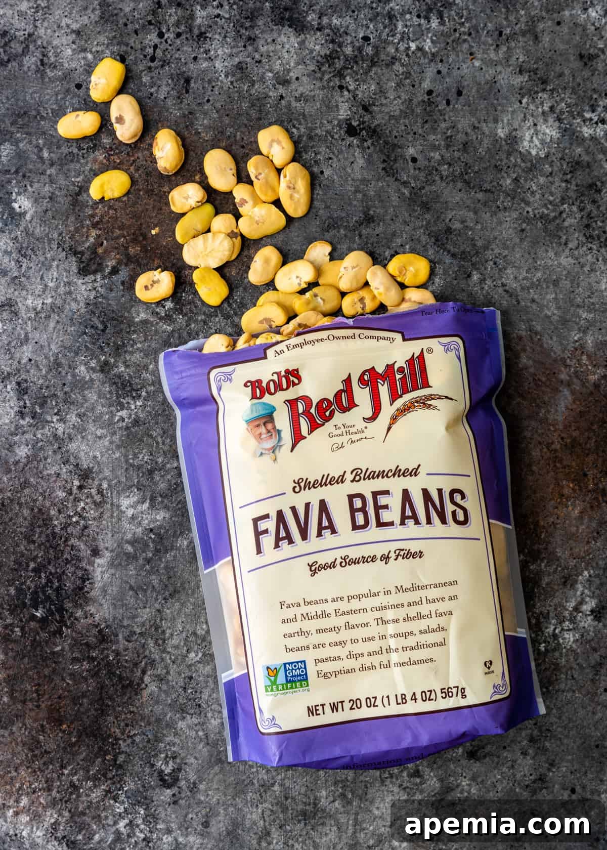 A bag of dried, shelled fava beans, ready for soaking and cooking.
