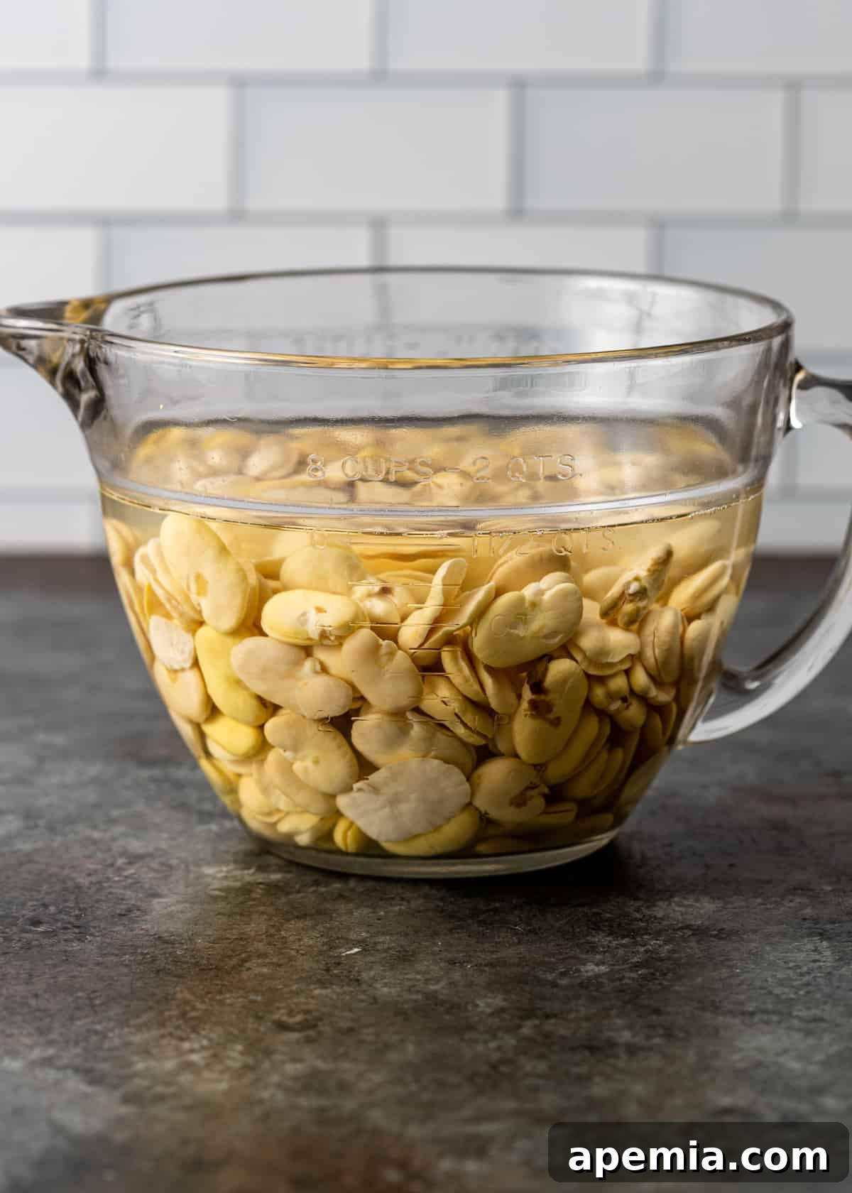 Dried fava beans soaking in a bowl of water overnight, preparing them for cooking.