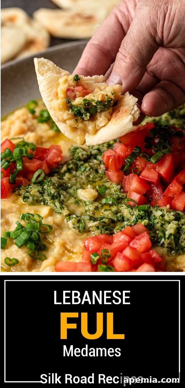 Titled image showing a full platter of Lebanese ful medames, beautifully garnished.