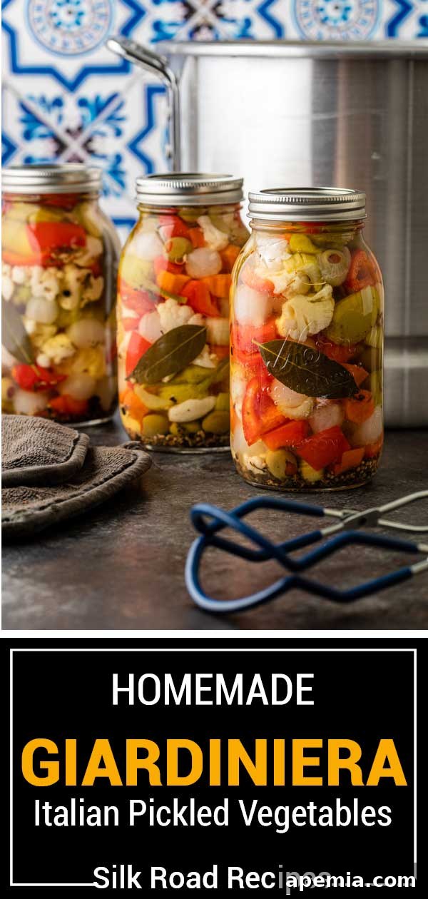 A beautifully composed, titled image featuring jars of homemade giardiniera, labeled 'homemade giardiniera italian pickled vegetables' as a clear and appealing representation of the recipe.
