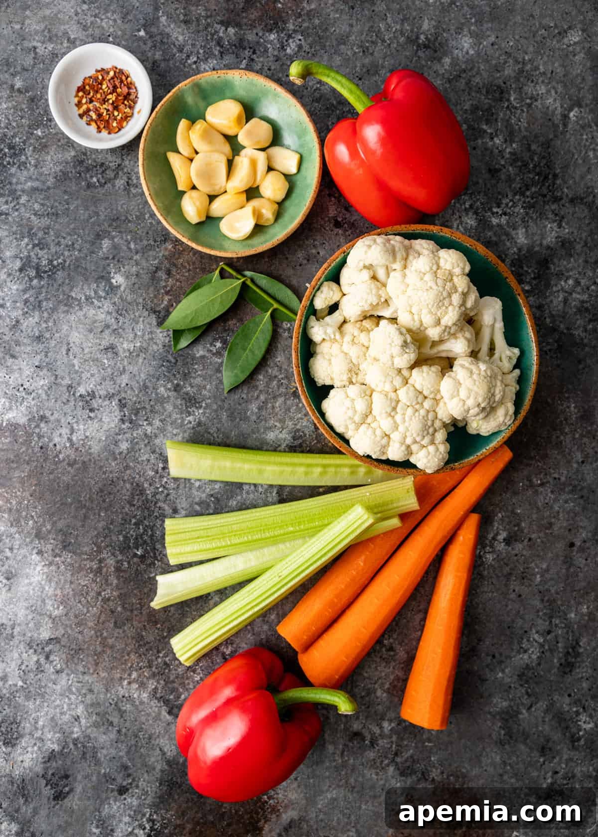 An overhead shot showcasing a colorful assortment of fresh vegetable ingredients, meticulously arranged and ready for giardiniera preparation.