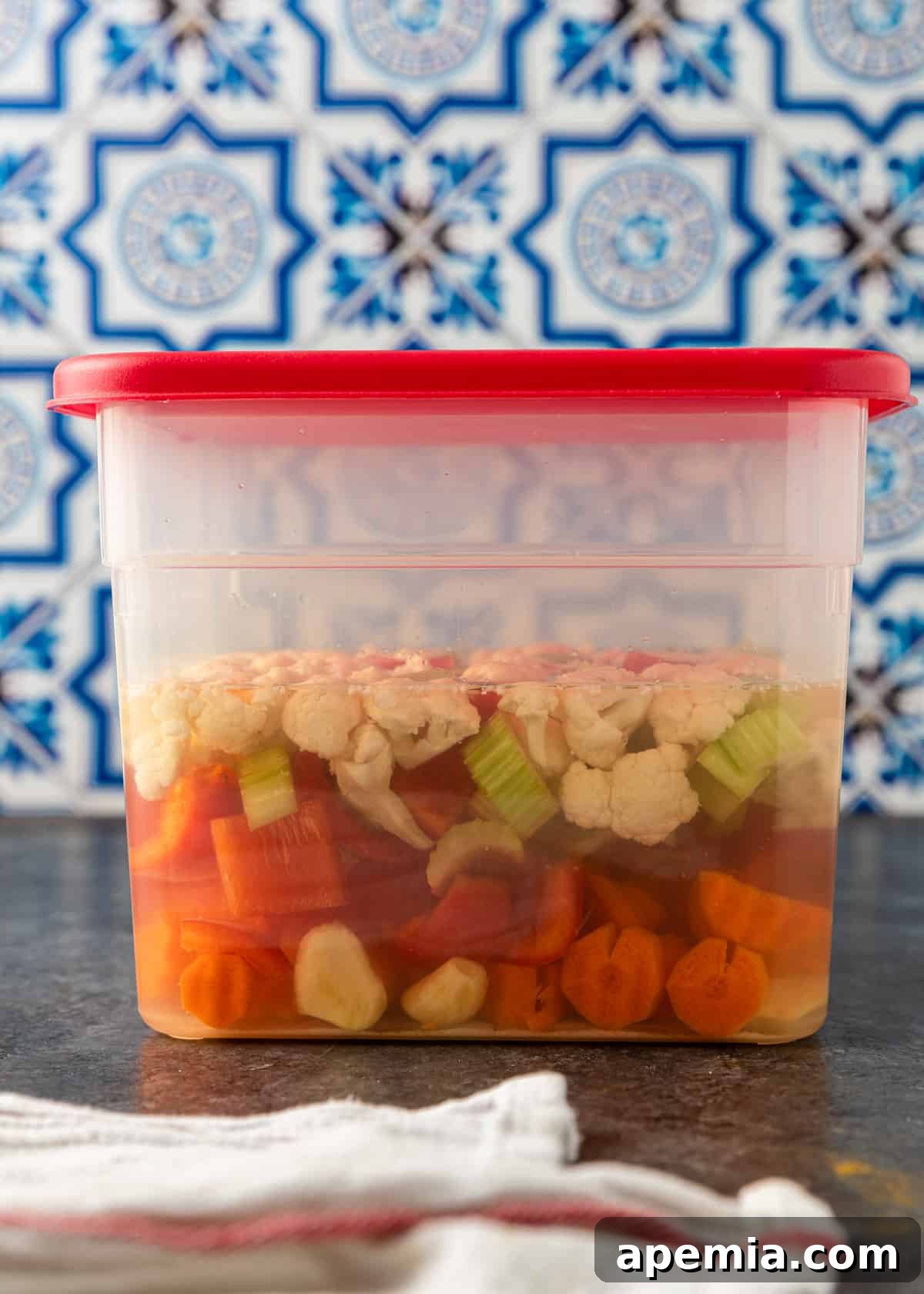 Close-up shot of chopped vegetables being salted in a clear plastic container with a red lid, highlighting the initial preparation step.