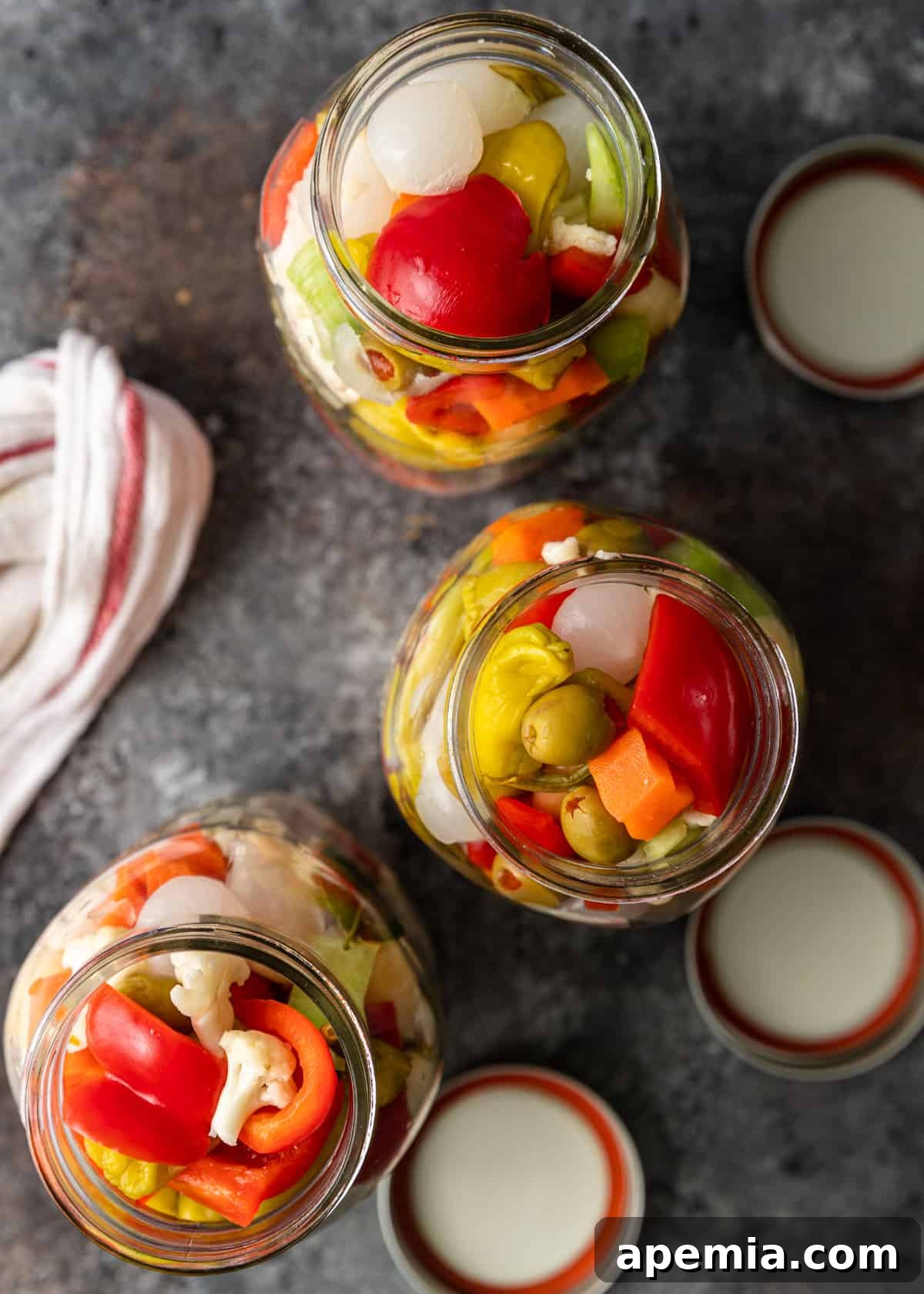Overhead view of several empty glass jars, packed with a colorful mix of chopped vegetables and spices, awaiting the pickling brine.