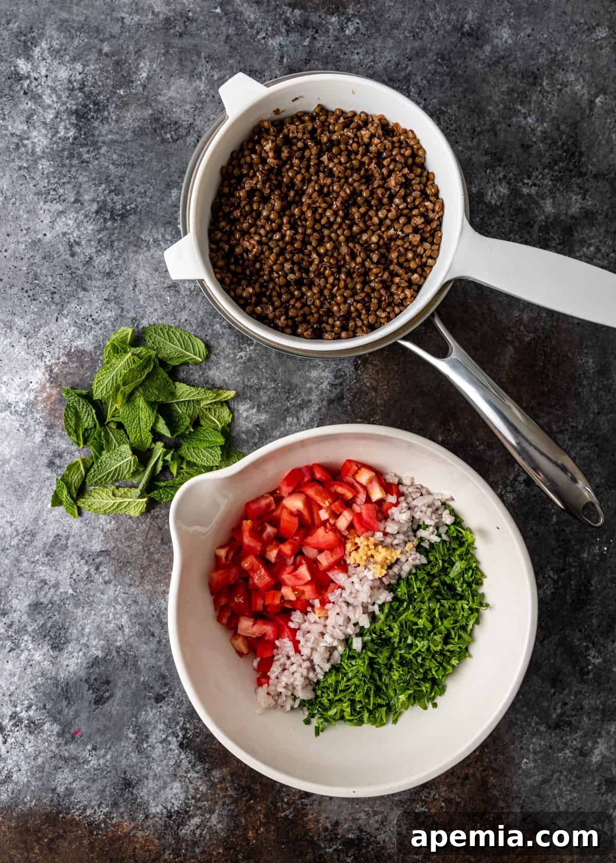 overhead: ingredients needed for lentil tabouli salad