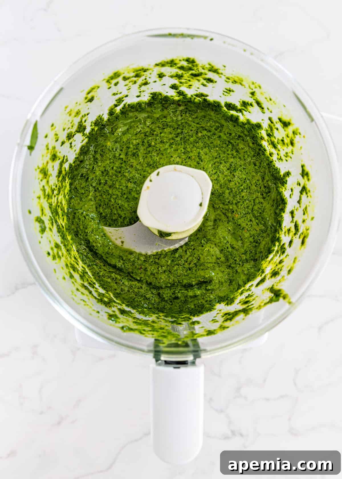 Vibrant Italian Green Sauce 5 overhead: italian salsa verde ingredients in a food processor after processing