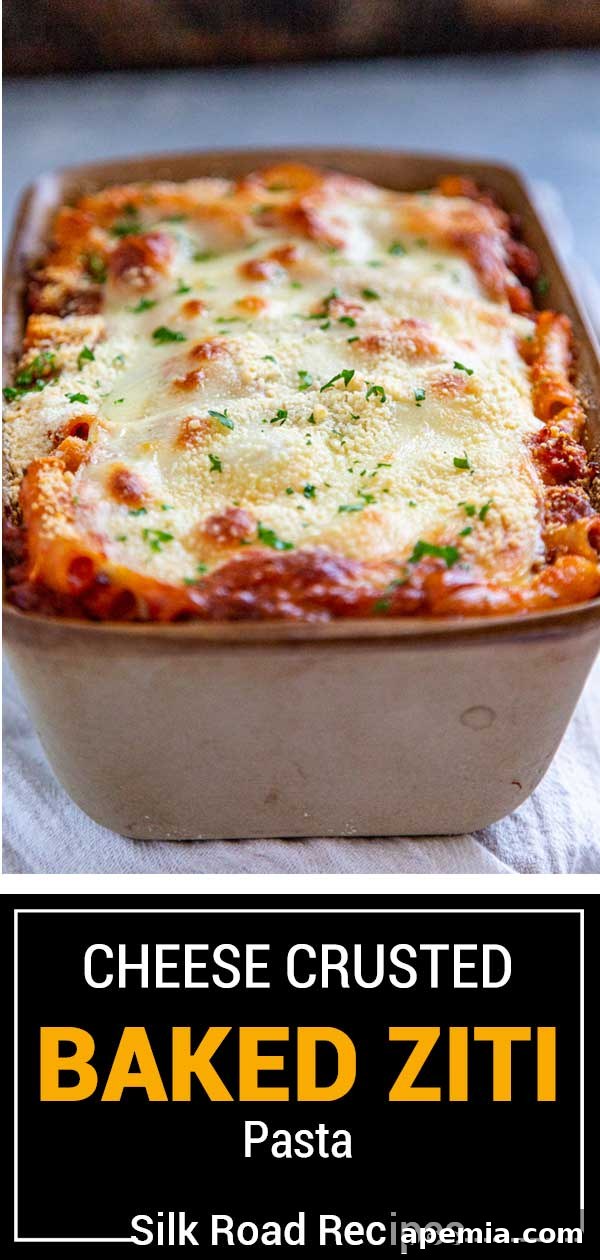 Titled image showing Cheese Crusted Baked Ziti pasta ready to eat