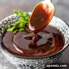 tonkatsu sauce in bowl with spoon dripping sauce