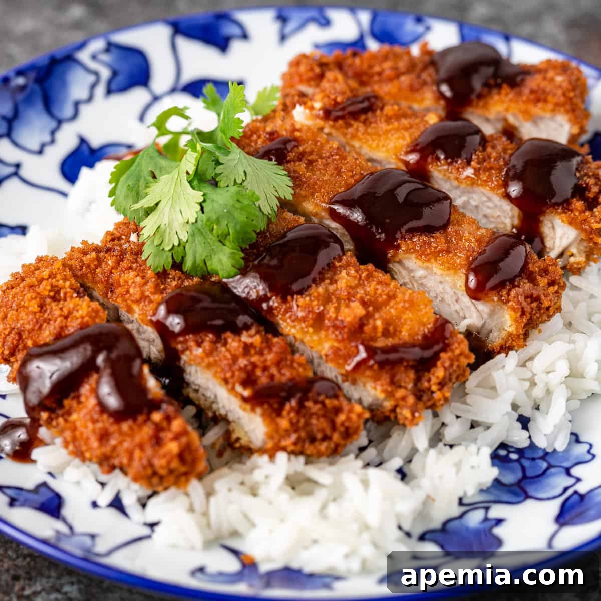 Closeup of golden brown pork tonkatsu slices with a generous drizzle of katsu sauce and fresh parsley, served over white rice on a blue and white plate.
