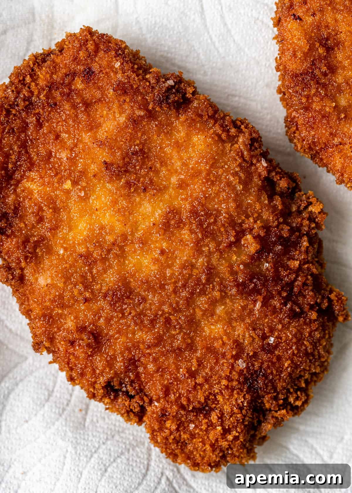 Closeup of a freshly fried, golden brown pork katsu cutlet resting on a paper towel, showcasing its crispy panko crust.