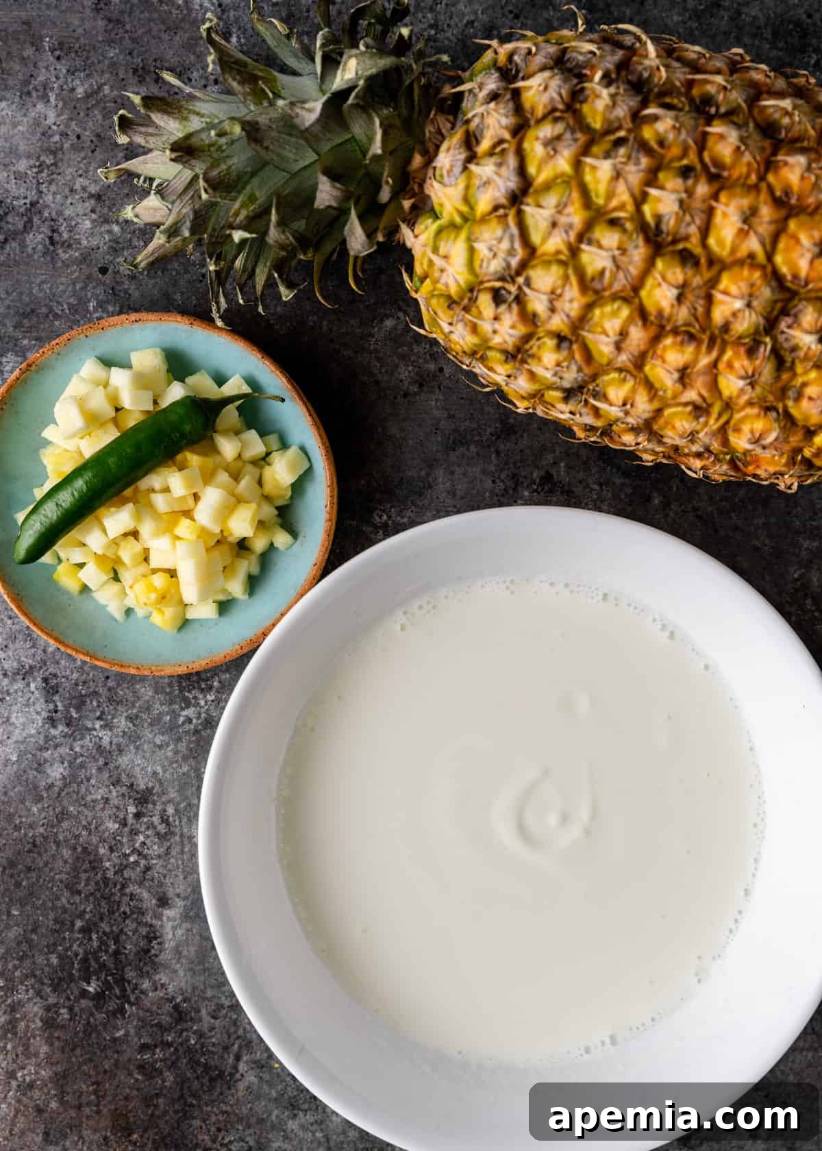 overhead: ingredients for pineapple pachadi