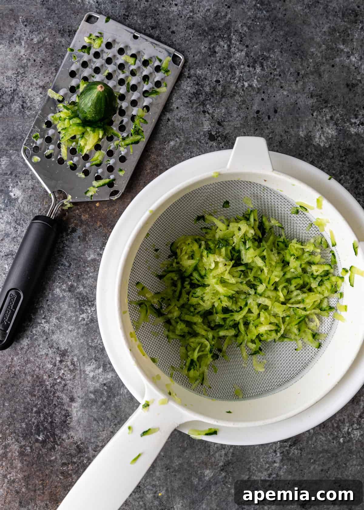 overhead: hands grating cucumbers for raita into a sieve