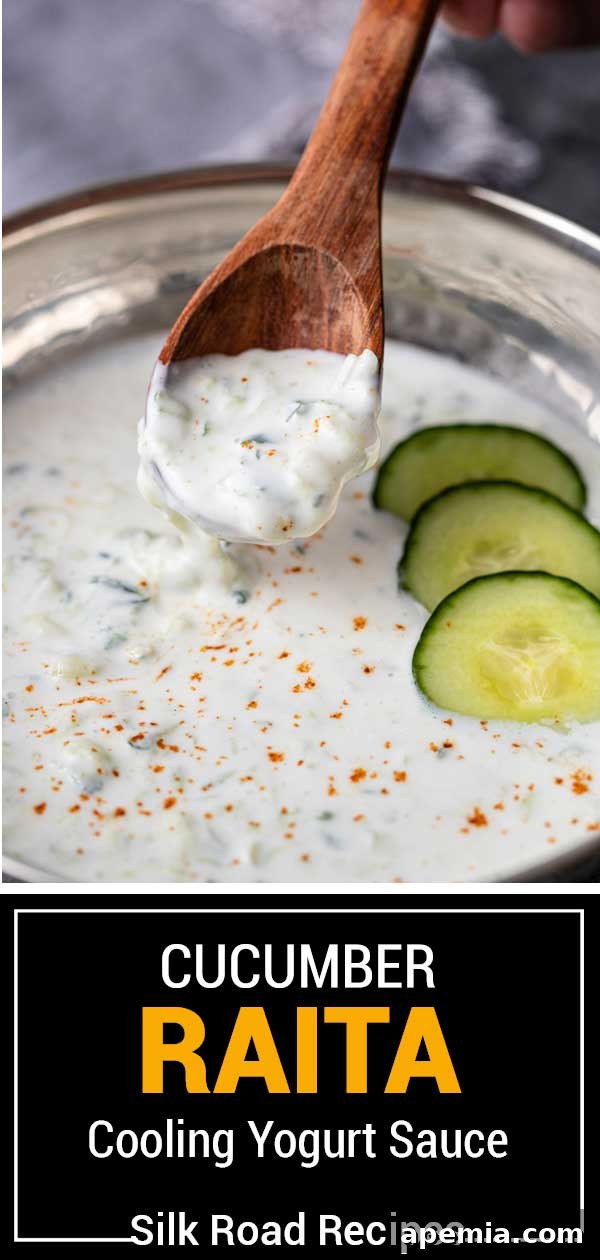 titled image (and shown): cucumber raita cooling yogurt sauce, served in an elegant bowl