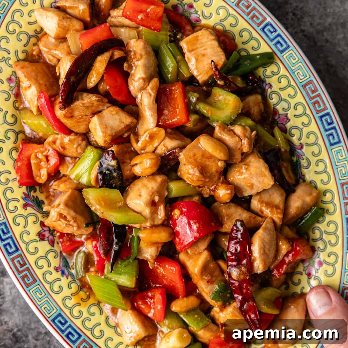 overhead: a hand holding a colorful ceramic plate of kung pao chicken